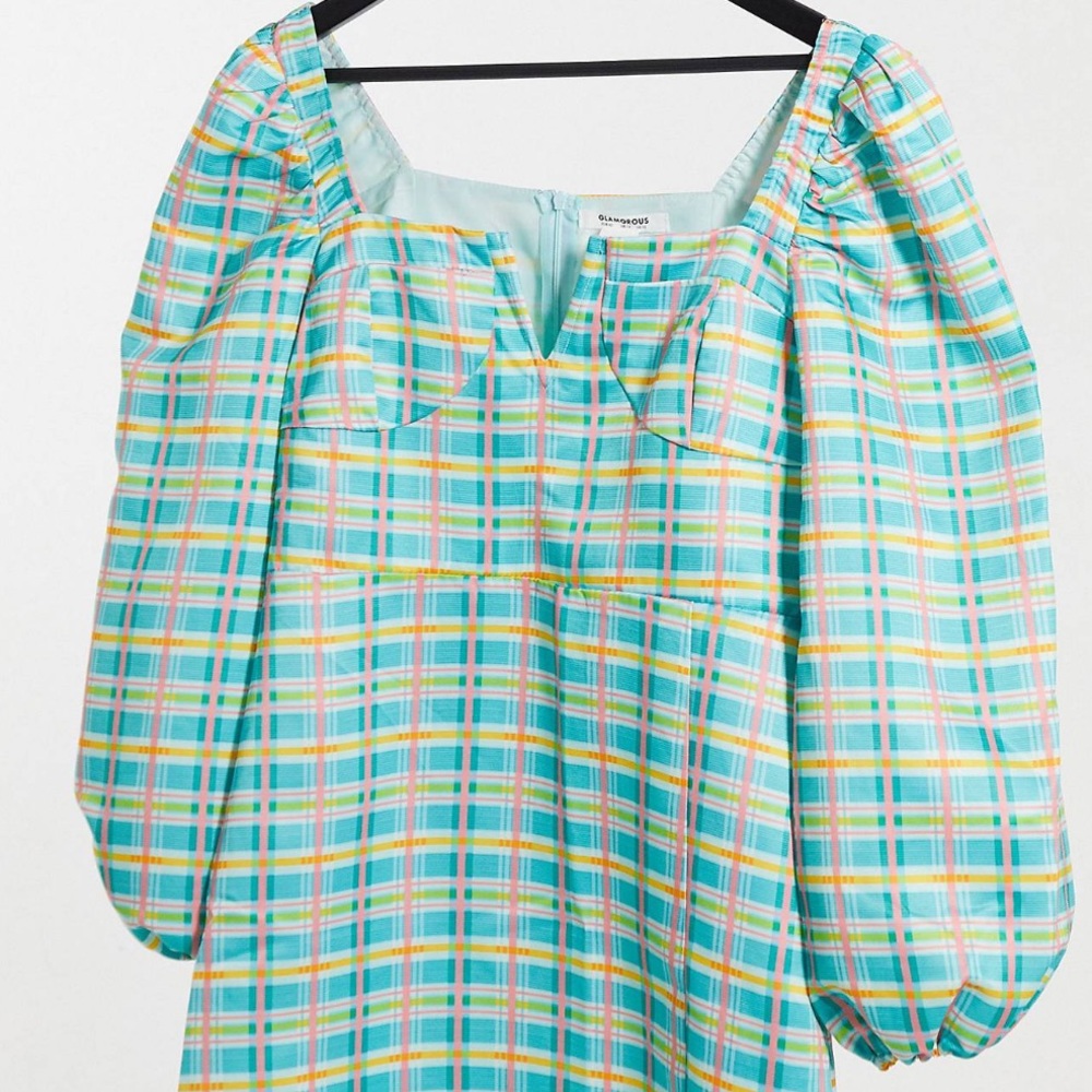 GLAMOROUS Taffeta Checkered Mini Dress Puff Sleeve